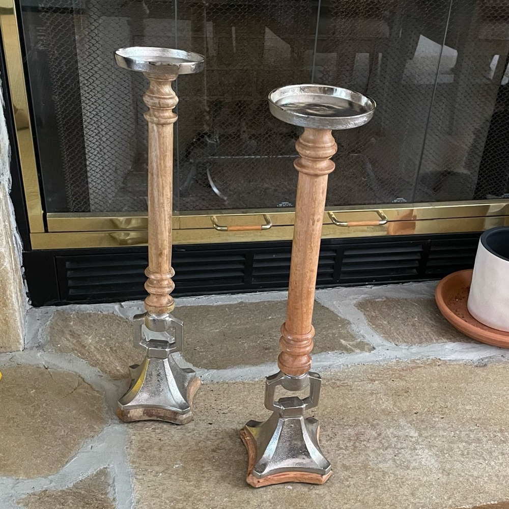 Brown Wood Decor Traditional Tall Candle Stand Pair